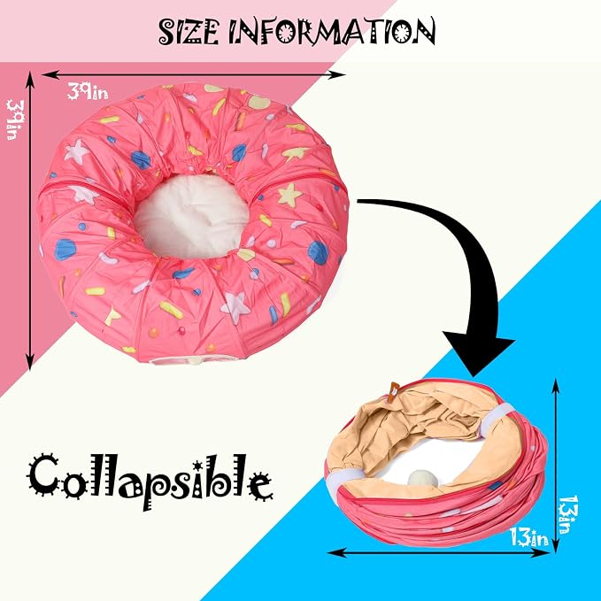 Large Cat Donut Tunnel, Big Cat Tunnel Bed,Fluffy Toy Balls, Small Cushion and Flexible Design- 12 inch Diameter, Great for Small Dogs,Pink