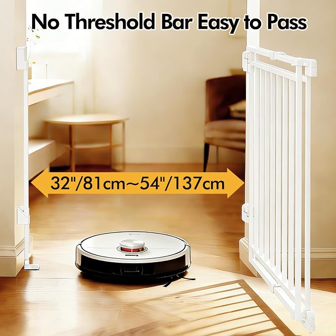 Extra Wide Baby Gate for Stairs Doorways & Kitchen, 32"-54" W x 29" H, No Bottom Bar Dog Gate, One-Handed Auto-Close, Hardware Mount Safety Gate for Dogs & Toddlers, White