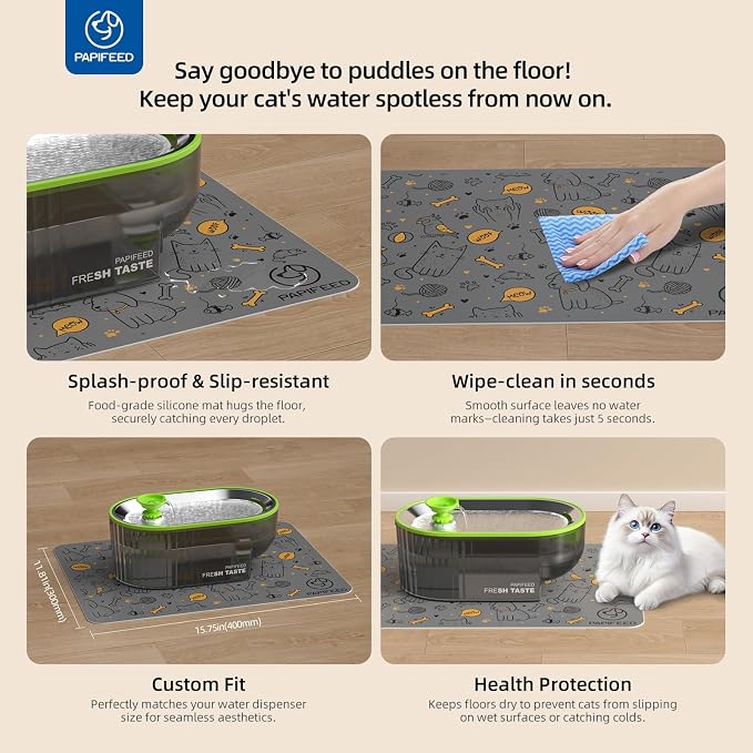 PAPIFEED Cat Water Fountain Stainless Steel with a Silicone Mat, 84oz/2.5L Automatic Pet Water Fountain with LED Water Level Window, Quiet Low Power Cat Water Bowl & Cat Water Dispenser (Green)