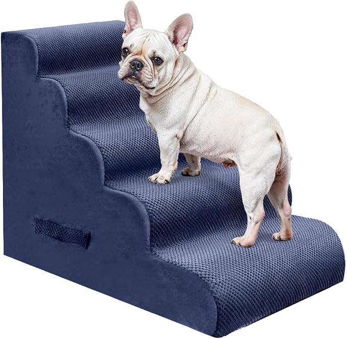 PAWSCRAT Pet Stairs for Dogs 5-Step, 22.8" H Pet Stairs for High Bed, Couch Sofa & Chair, 30D Material Soft Foam Dog Steps with Non-Slip Bottom Surface Removable Washable Cover, Blue
