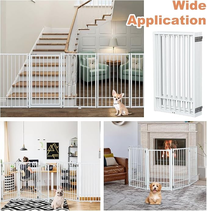 SMONTER Freestanding Dog Gate with Door Walk Through, 120'' Extra Wide Indoor Dog Fence, 31.5'' H 6 Panels Foldable Metal Pet Puppy Gate for Stairs, Hallways, Doorway, White