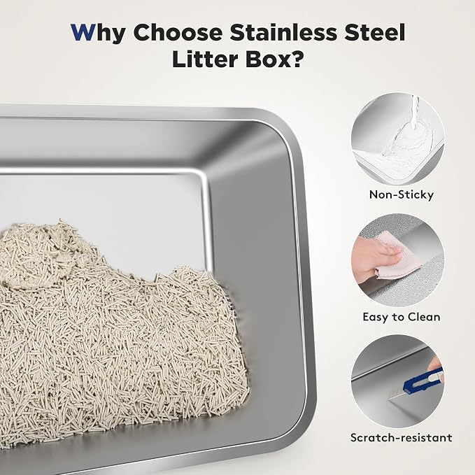 FURTIME XXXL Extra Large Stainless Steel Litter Box with Lid, Large Enclosed Cat Litter Box for Big Cats, Metal Cat Box with High Sided Enclosure & Scoop, Silver