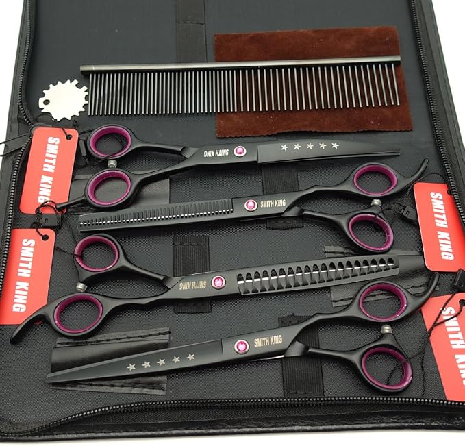 7.0 inches Professional Dog Grooming Scissors Set Straight & thinning & Curved & Chunkers 4pcs/3pcs in 1 Set (with Comb) Right-handed or Left-handed for Dog & Cats (Righ-Handed 4 pcs set with comb)
