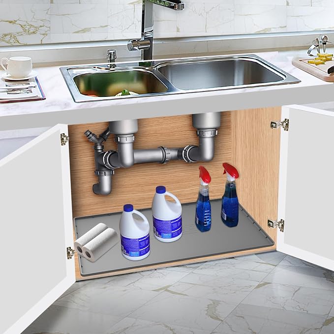 Under Sink Mat for Kitchen Waterproof, 40" x 19" Silicone Under Sink Liner Kitchen & Bathroom Cabinet Protector Mats, Heavy Duty Flexible Under Sink Drip Tray with Lip, Cool Grey