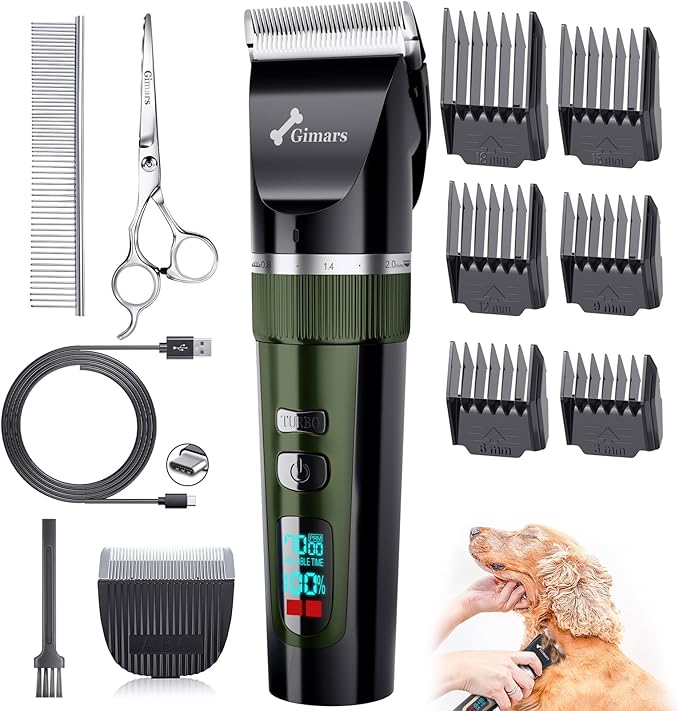 Gimars 4 in 1 Powerful 7000RPM Dog Clippers for Grooming with Replacement Blade, Professional Cordless Low Noise 55dB Pet Clippers, Dog Hair Clipper and Dog Shaver Kit for Thick Hair, Cat and Horse