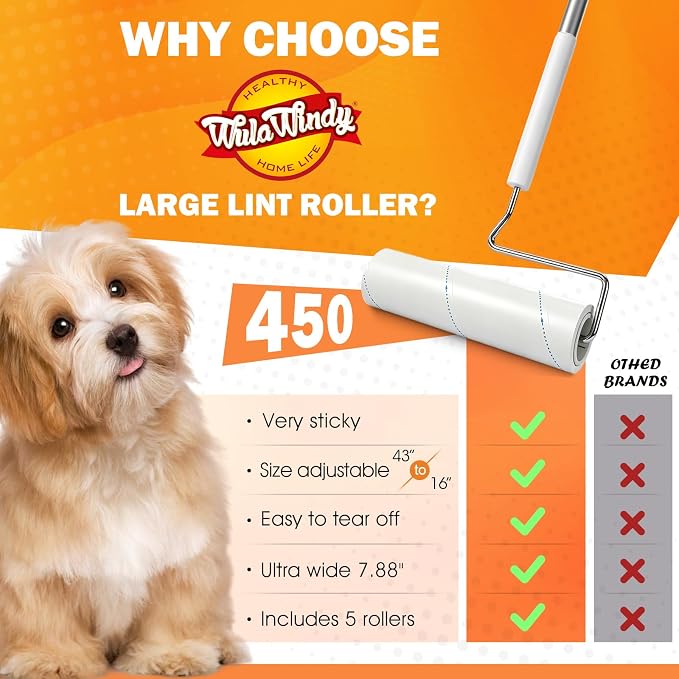 WulaWindy Large Lint Roller for Pet Hair, 450 Sheets 5 Rollers with Extendable Long Handle, 7.87 in Extra Sticky Pet Hair Remover with Storage Base for Floors, Couch, Carpet, Clothes