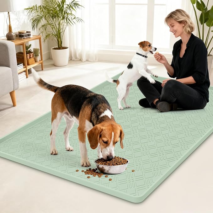 Dog Food Mat, 42" x29" Large Silicone Mat Dog Feeding Mat with Raised Edge Non-Slip Pet Feeding Mat for Food and Water Bowl, Easy to Clean, Floor Protection (Light Green)