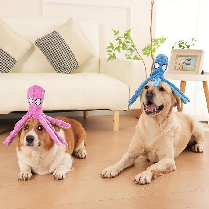 Plush Octopus Dog Toy with Squeaker, No Stuffing for Safety, Soft and Durable Dual-Layer Fabric, Suitable for Small to Large Dogs (Blue)