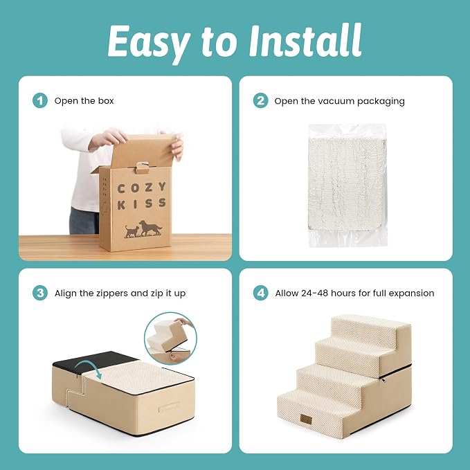 COZY KISS Dog Stairs for Small Dogs, 4 Tier Removable Pet Stairs for Couch and Bed, 17.7" H Dog Steps for Old Cats, Puppy, Small Dogs, 15.7x23.6x17.7 inch, Beige