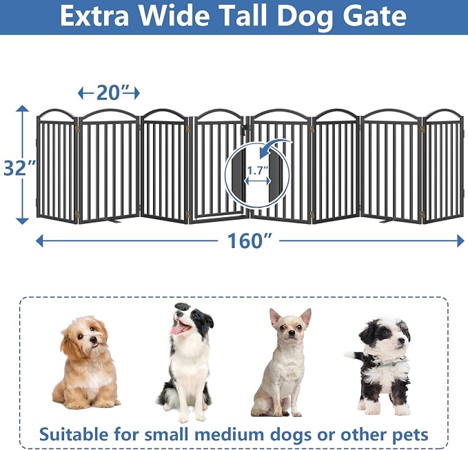 Malier Metal Freestanding Dog Gates with Door, 32'' Height Outdoor Indoor Dog Fences, Extra Wide Foldable Puppy Gate for Stairs (Black, 【8 Panels with Door】 160''W × 32''H)