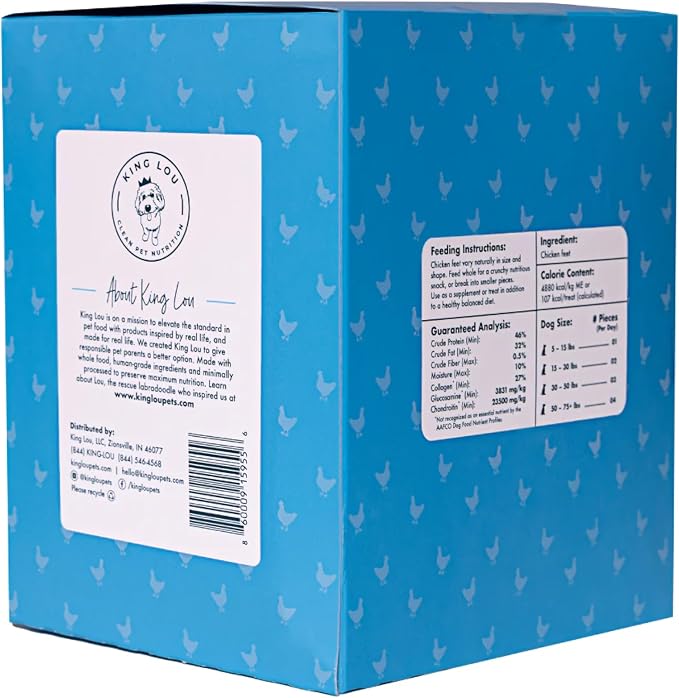 King Lou Pets Whole Chicken Feet for Dogs, Single-Ingredient USA-Made Dehydrated Chicken Treats, Human-Grade Crunchy Dental Chews for Dogs Hip & Joint Support, 40 Count