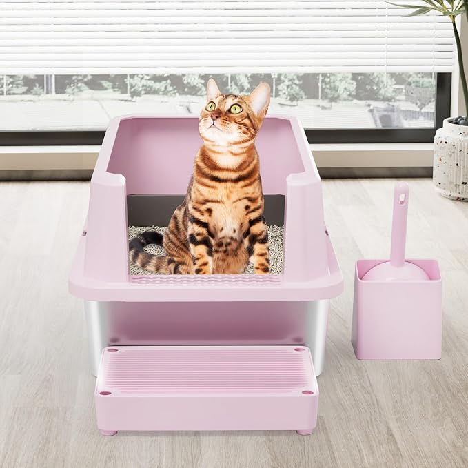 RIZZARI Pink Large Heavy-Duty 304 Stainless Steel Cat Litter Box - Open Pan with High Sides & Leak-Proof, Odor-Resistant & Easy Clean, Non-Stick Coating, for Big Cats in Apartments & Bathrooms