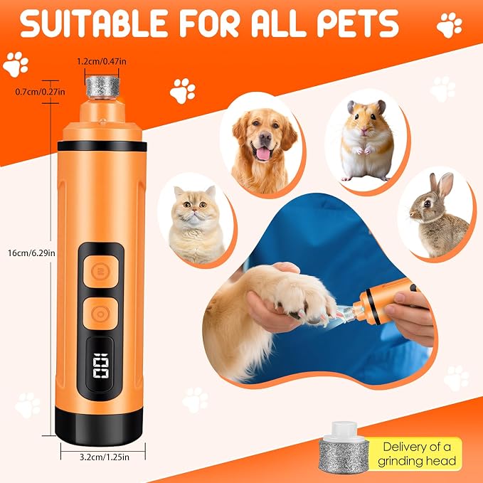 Dog Nail Grinder Electric Powerful 3 Speeds Dog Nail Clippers with Lights Quiet Cat Nail Clipper Painless Care Trimmers Tools for Small Medium Large Dogs and Cats(Orange)