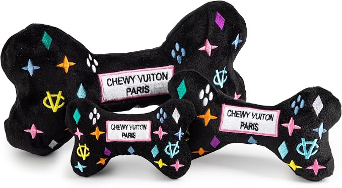 Haute Diggity Dog Chewy Vuiton Bone Plush Squeaky Dog Toy, Soft Durable Designer-Inspired Stuffed Puppy Chew Toys for Small & Medium Dogs, Machine-Washable (Black Monogram) Large
