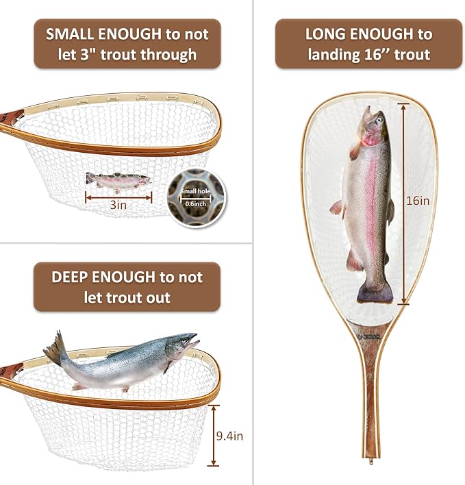 ONROCL Fly Fishing Net Trout Net with Magnetic Release and Rod Holder Wooden Frame Landing Net with Soft Rubber Mesh for Catch and Release (Clear Small Holes)