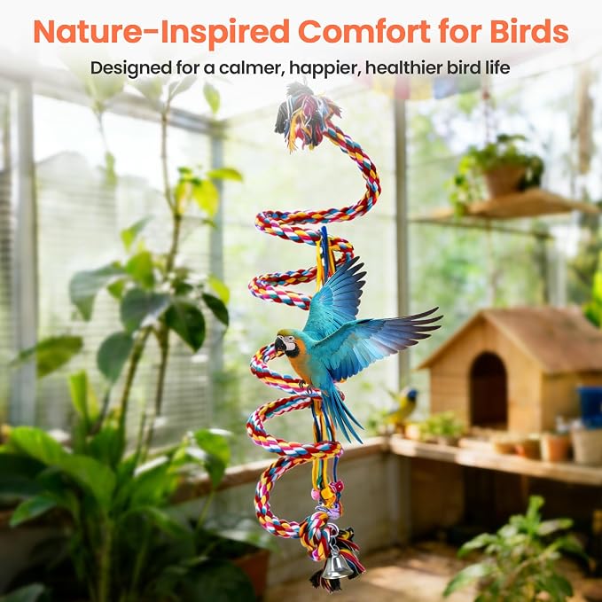 Ultra Long Bird Toys for Large Parrots - 110'' Heavy Duty Cotton Rope Birds Toy Swing, Spiral Hanging Bird Toys with Bell & Acrylic for Macaws, Cockatoos, Greys, Enrichment Parrot Toys