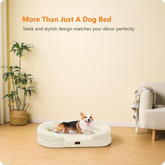 Dwanton Orthopedic Dog Bed for Medium Dogs with Gel Memory Foam, Waterproof Dog Sofa, Washable Pet Bed with Four Sided Bolster Cushion, Removable Cover & Non-Slip Bottom, 36", Beige
