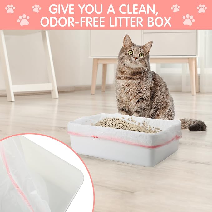 Thenshop 60 Count Jumbo Cat Pan Liners 36'' x 18'' Extra Large Disposable Cat Bags Drawstring Supplies Extra Large Disposable Litter Bags Box Liners for Trash Waste(Pink)