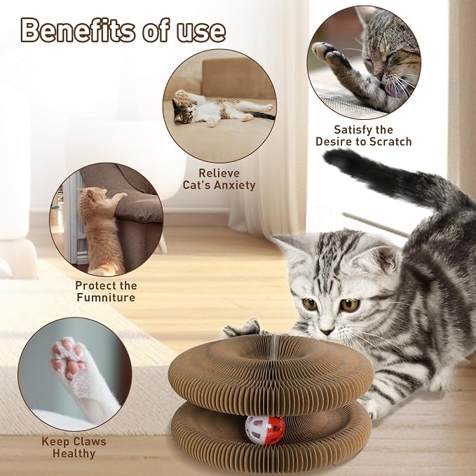Cat Scratcher Board Foldable with Bell Ball, Interactive Mental Physical Exercise for Indoor Cats Toy, 3-in-1 Magic Organ Cat Toy Protects Furniture, Corrugated Cardboard Scratching Pad