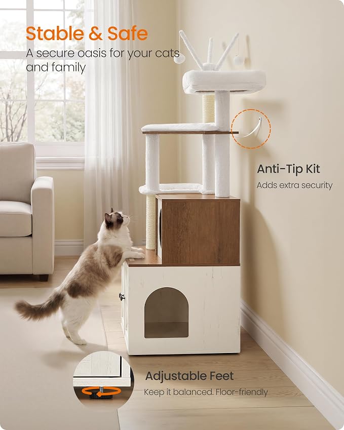 Feandrea Cat Tree with Litter Box Enclosure, 59-Inch Modern Cat Tower, 2-in-1 Condo with Scratching Posts, Washable Removable Cushion, Rustic White and Honey Brown UPCT113W201