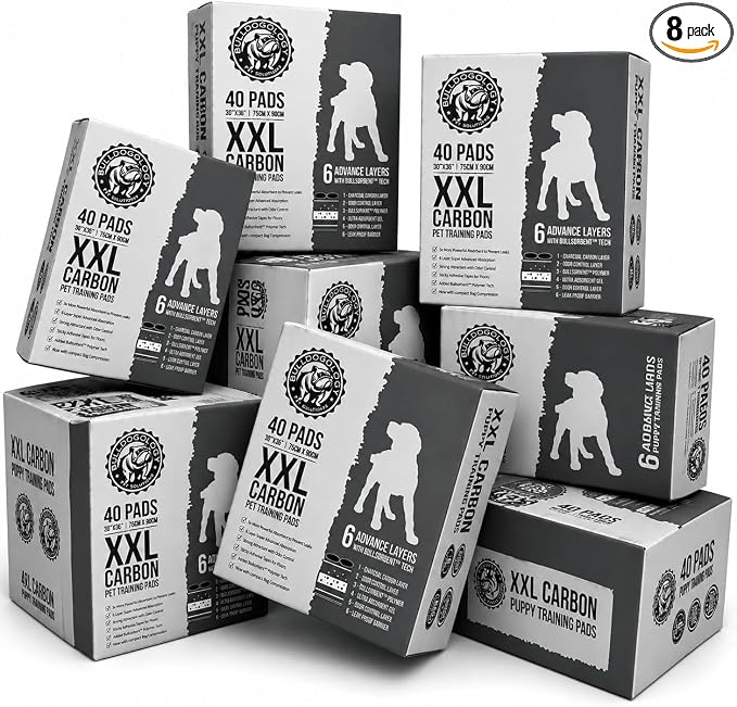 Bulldogology Charcoal XXL Dog Pee Pads with Adhesive Sticky Tape Extra Large Puppy Training Pads Ultra Absorbent Leak Proof Odor Control Carbon Pads 320 Count 30" x 36"