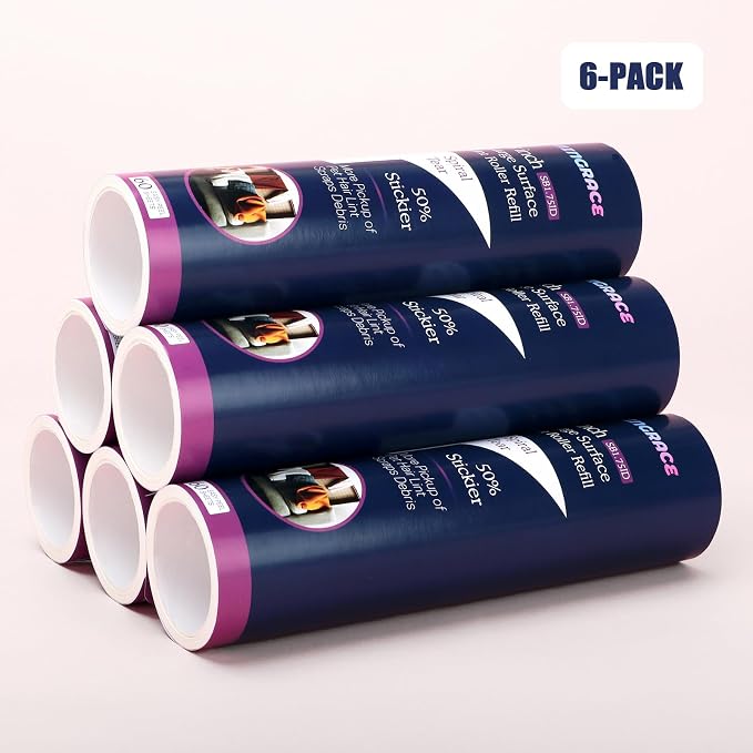 8 inch Large Surface Lint Roller Refills for Scotch-Brite 50% Stickier Large Lint Roller, Works Great On Pet Hair, 60 Sheets per Refill, Pack of 6, 360 Sheets Total