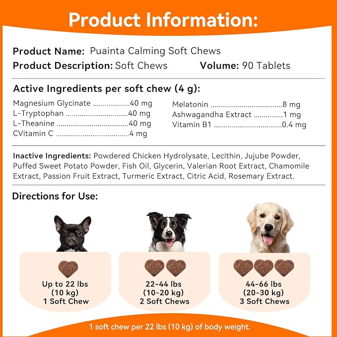 PUAINTA Dog Calming Chews – Magnesium Glycinate & Melatonin for Dogs, 4 Herbal Ingredients for Anxiety Relief, Stress & Travel Support, Chicken Flavor (90 Count)