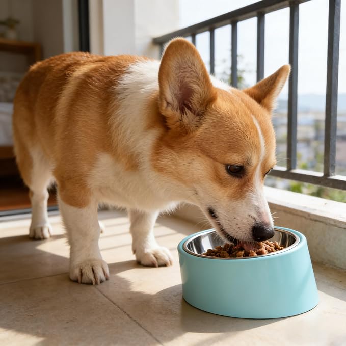 15° Tilted Anti‑Gulping Water Bowl for Medium Dogs (10-15kg, Blue, 350ml) – Non-Spill Stainless Steel Slow Water Feeder Dish, Vet Recommended Raised Pet Waterer