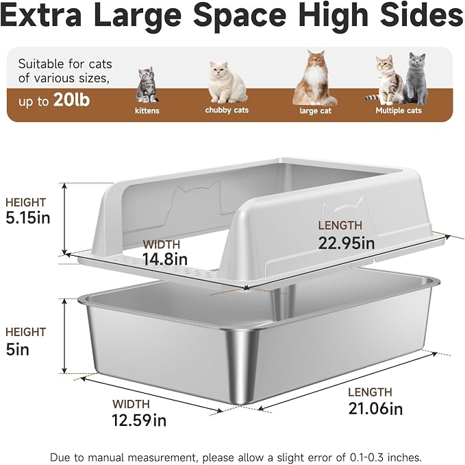 Stainless Steel XL Cat Litter Box for Cats, High-Sided Design Prevents Urine Leakage, Non-Stick, Easy to Clean, Includes Scoop, Gray