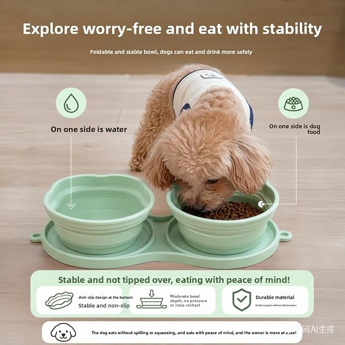 Portable Collapsible Dog Bowl, 2-in-1 Foldable Pet Feeding & Water Dish with Carabiner Lightweight Travel Bowl for Dogs & Cats, Perfect for Walking, Hiking, Camping (Green)