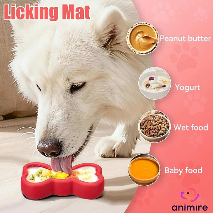 Lick Mat for Dogs, Animire Anti-Spilled Bow Tie Lick Bowls for Anxiety Relief, Silicone Slow Feeder Licking Pad with Suction Cups, Freezeable Dog Enrichment Toy for Boredom and Distraction(Red,S)