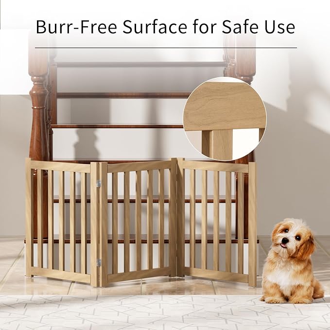 3-Panel Solid Wood Dog Gate - Freestanding Folding Pet Gate for Doorways, Stairs, Indoor, 24" Height, No Installation Needed, Natural Wood
