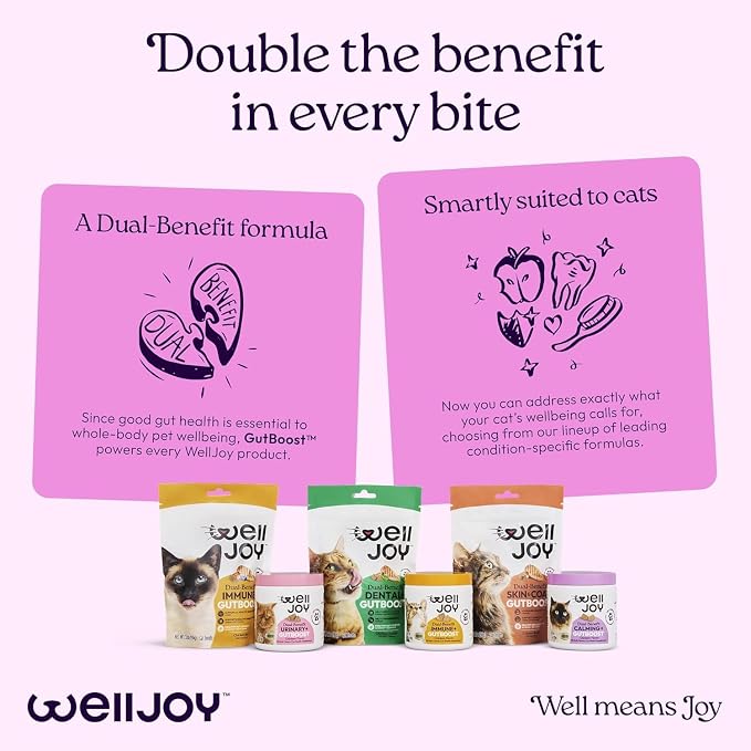 New! WellJoy Cat Supplement Calming+ GutBoost | Cat Health Supplement | Promotes Relaxation & Calmness | Dual-Benefit GutBoost Formulation | Vet Formulated | USA Made | Chicken Flavor | 90 Soft Chews