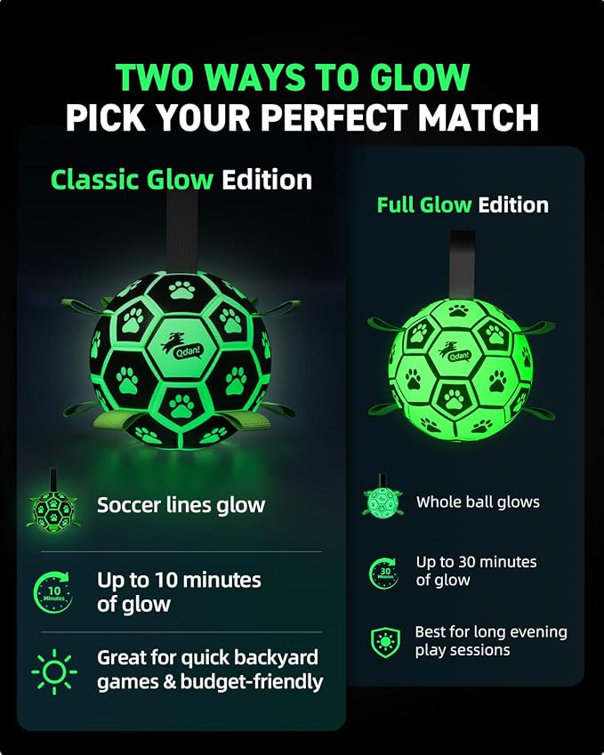 QDAN Premium Glow in The Dark Dog Toys, Dog Ball with Straps, Soccer Ball for Dogs, Outdoor Dog Toys, Pet Birthday Toys, Puppy Essentials for Medium to Large (8Inch)