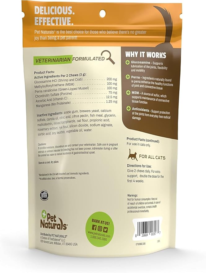 Pet Naturals Hip and Joint Supplement with Glucosamine, Green-Lipped Mussel, and Chondroitin for Cats, Duck Flavor, 160 Chews