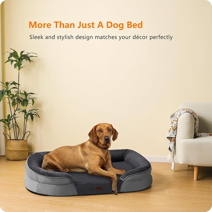 Dwanton Orthopedic Dog Bed for Extra Large Dogs with Gel Memory Foam, Waterproof Dog Sofa, Washable Pet Bed with Four Sided Bolster Cushion, Removable Cover & Non-Slip Bottom, 45", Dark Grey