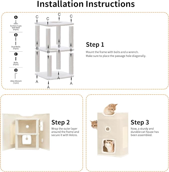 Cat House, Cat Beds for Indoor Cats, 2-Story Cat Condo Cube with Scratch Pad and Fluffy Ball Hanging, Multi-Level Cozy Hideout Center Ideal for Small/Medium Cats