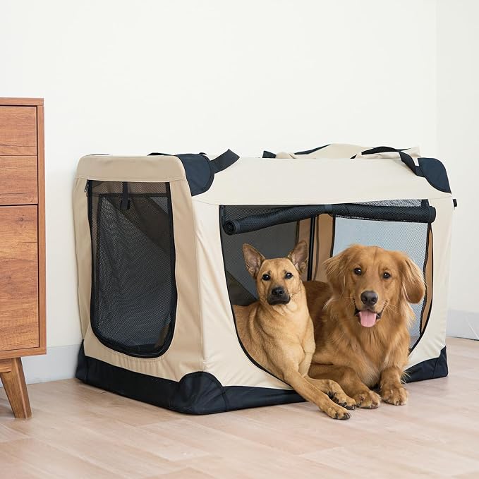 HICC PULE Collapsible Portable Kennel, 36 Inch Large/Medium Dog Kennel, 3-Door Soft-Sided Pet Crate for Indoor/Outdoor, Car Trip, Beige