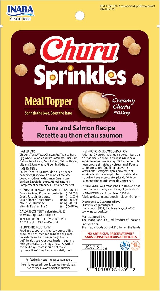 INABA Churu Sprinkles for Cat, Soft & Chewy Churu Filled, Baked Chicken Cat Treat Meal Topper with Vitamin E and Green Tea Extract, 1.05 oz. per Pack, 18 Packs Total, Tuna and Salmon Recipe