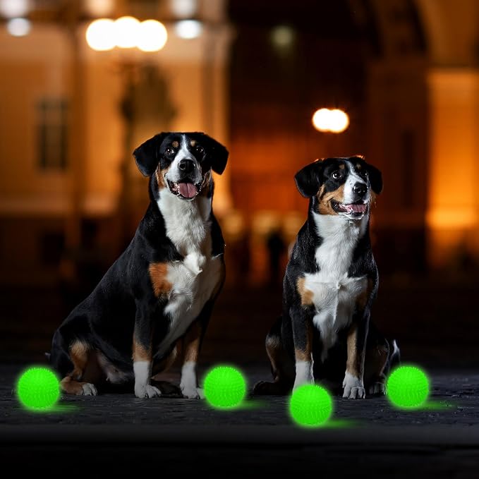 Silipull 4 Pcs 3.15 Inch Glow Dog Ball Spiky Squeaky Dog Toy Ball Glow in The Dark Rubber Interactive Elastic Puppy Fetch Chew Toys for Aggressive Chewers Small, Medium, Large Puppy Pet