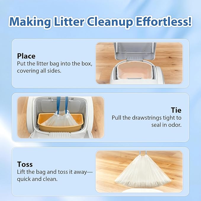 60 Count Drawstring Cat Litter Bags Compatible with MeoWant MW-SC02/MW-SC01/MW-LR01,Thick Automatic & Self Cleaning Cat Litter Box Liners,Tear-Resistant Trash Bags,Heavy Duty,Leak-Proof