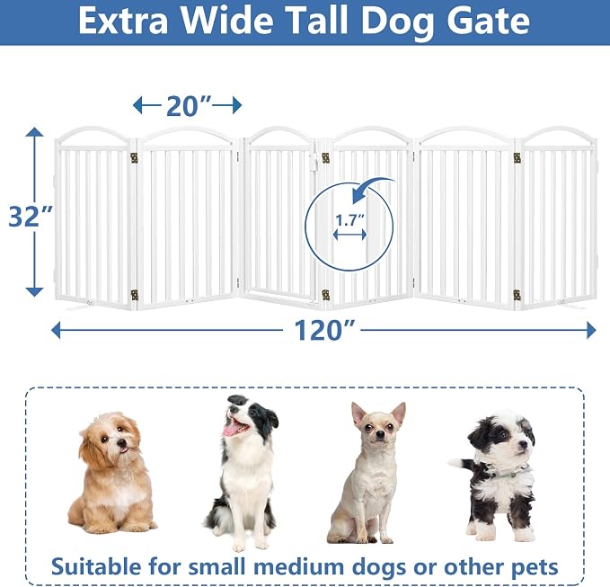 Malier Metal Freestanding Dog Gates with Door, 32'' Height Outdoor Indoor Dog Fences, Extra Wide Foldable Puppy Gate for Stairs (White, 【6 Panels with Door】 120''W × 32''H)