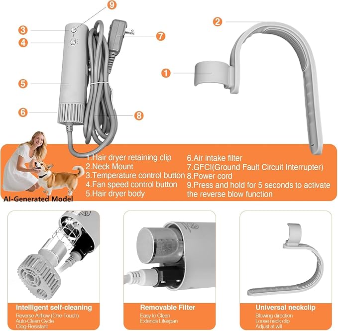 Cat and Dog Universal Pet Hair Dryer 200 Million Negative Ions, Low Noise Hands-Free Neck Hanging Hair Dryer with Automatic Cleaning, Speed and Temperature Adjustment, for Home/Pet Shop Use