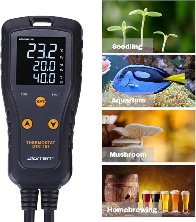 DIGITEN 110V 15A Temperature Controller DTC151 Plug in Thermostat Outlet Digital Temperature Controller for Heat Mat Reptile Greenhouse Aquarium, Heating/Cooling Mode