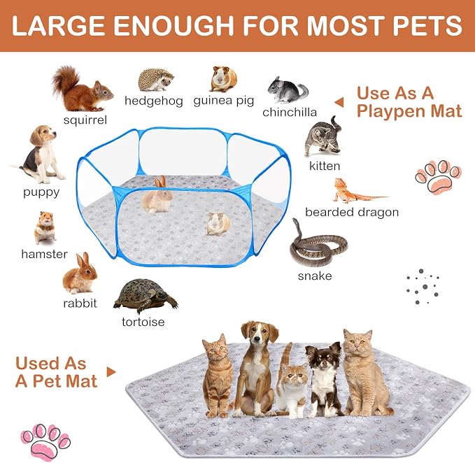 Preboun 4 Pcs 47 in Guinea Pig Playpen Pad Waterproof Hexagon Mat Reusable Dog Playpen Liner for Small Animal Rabbit Cage Tent Pee Pad Washable Yard Fence(Gray Paw)