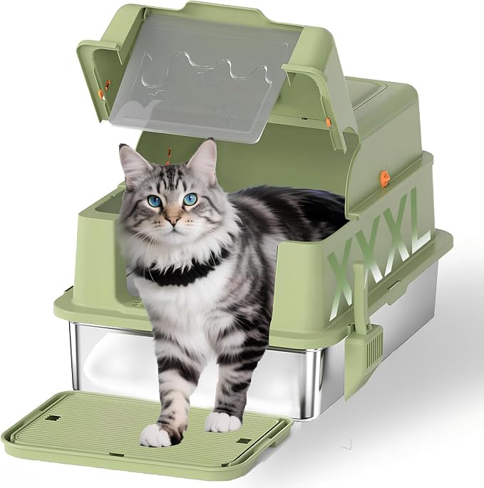 Homegroove XXXL Stainless Steel Litter Box with Lid, 28''x20''x18'' Extra Large Cat Litter Box with Litter Scoop & Pedal, Enclosed Metal Cat Litter Pan for Large & Multi-Cats, Anti-Leakage (Green)