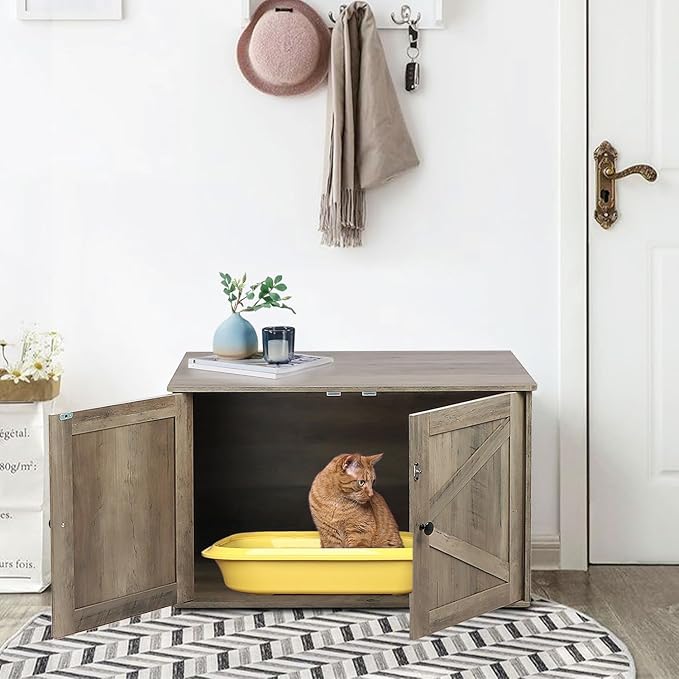 Timberer Cat Litter Box Enclosure, Litter Box Furniture Hidden with Removable Divider, Wooden Cat Washroom Furniture, Greige