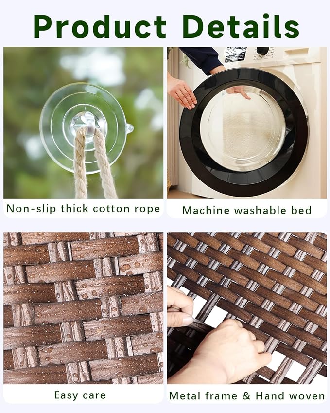 SETVSON Cat Window Perch, Cat Window Hammock Bed for Indoor Cats, Large Handwoven PE Rattan Window Seat, 4 Suction Cups, Double Sided Washable Cushion Bed, 2.3 Inch Fence Shelf, for Pet Kittens Brown
