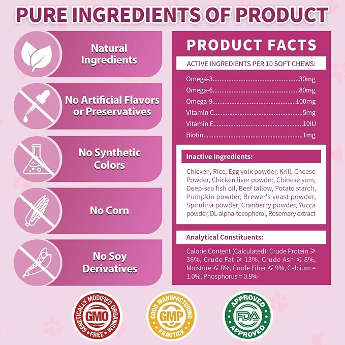 Omega 3 for Cats - 500 Skin & Coat Health Crunchy & Creamy Chews with Omega 3, Biotin & Vitamin E for Healthy Skin, Shiny Fur, Cat Supplements & Vitamins -Chicken Flavor