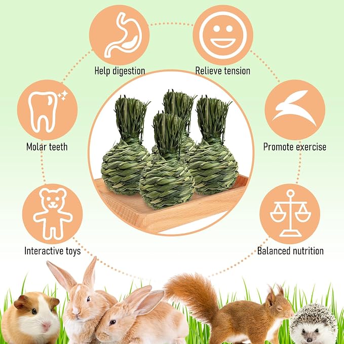 Hamiledyi Bunny Chew Toys Rabbit Rattan Grass Scratcher Climbing Tree Fun Tree Carrot Play Toys 4 Pcs Rabbit Chew Ball Timothy Grass Ball Small Animal Activity Play Chew Toys Teeth Grinding